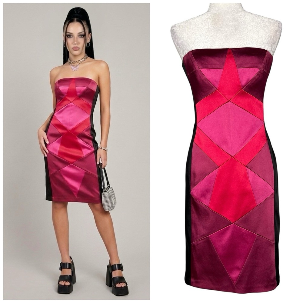 Cache Multicolor Strapless Bandage Dress Size 6 Y2K 2000s‎ Pink Black Bodycon